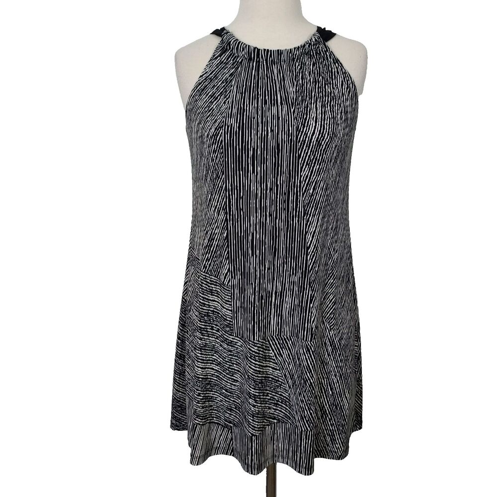 MSK Tunic Mini Dress Women Size 8P Sleeveless Stretch Flowy Black White